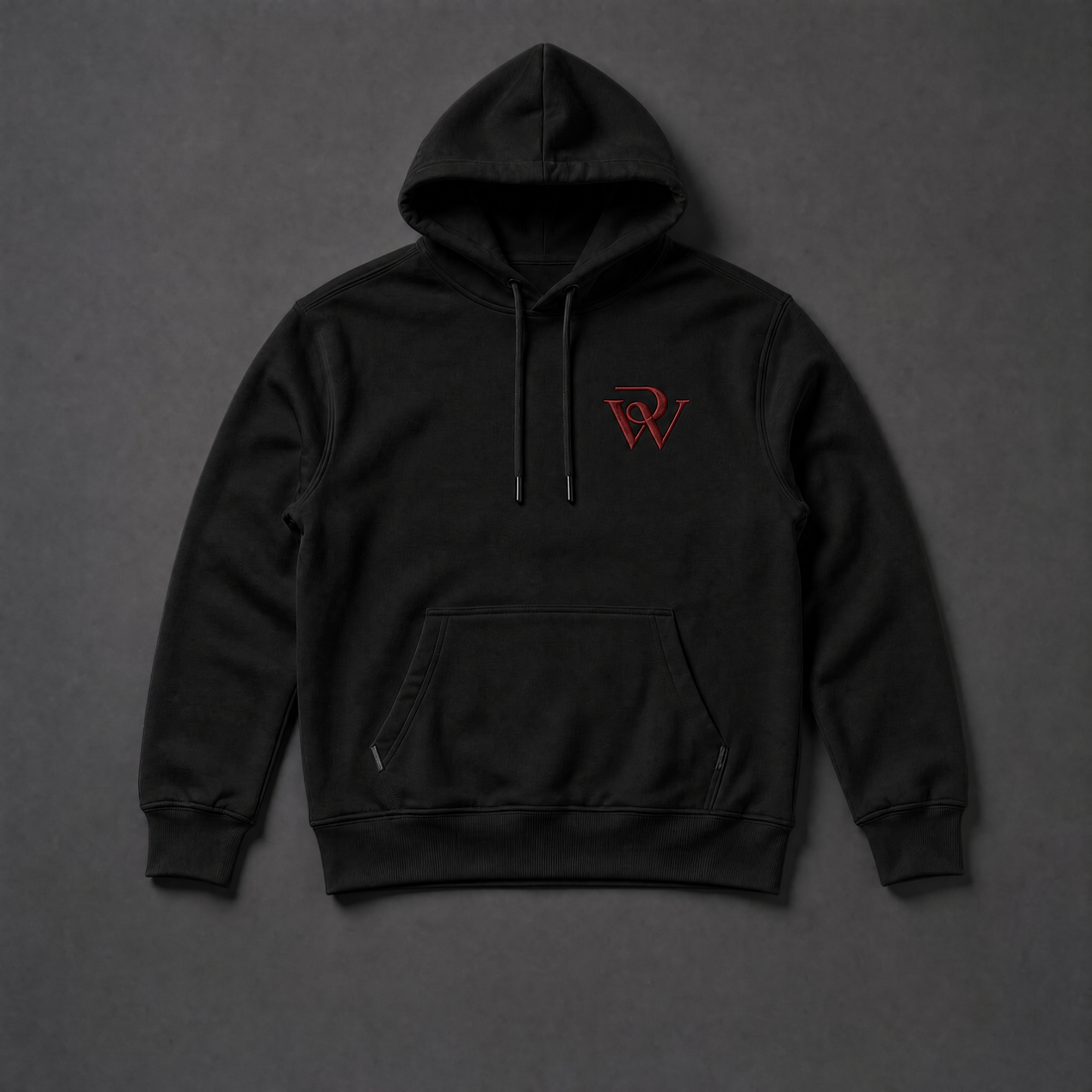 RED by WM heavyweight hoodie in Black, flat lay with the red RW monogram