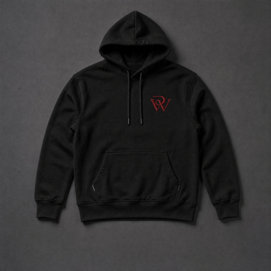 RED by WM heavyweight hoodie in Black, flat lay with the red RW monogram